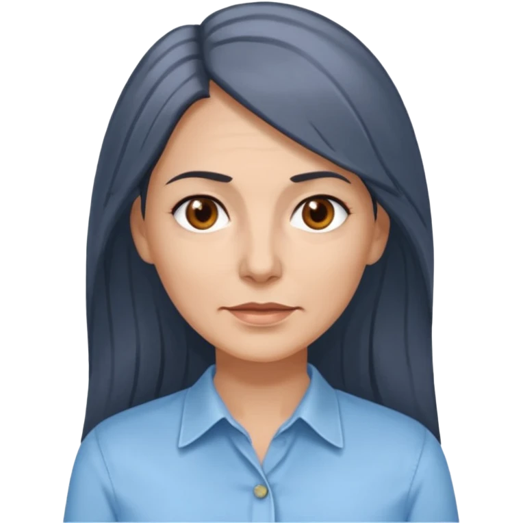 vit 50-årig kvinna med grå slingor i jättelångt mörkbrunt hår bruna ögon ljusblå skjorta med översta knappen uppknäppt emoji