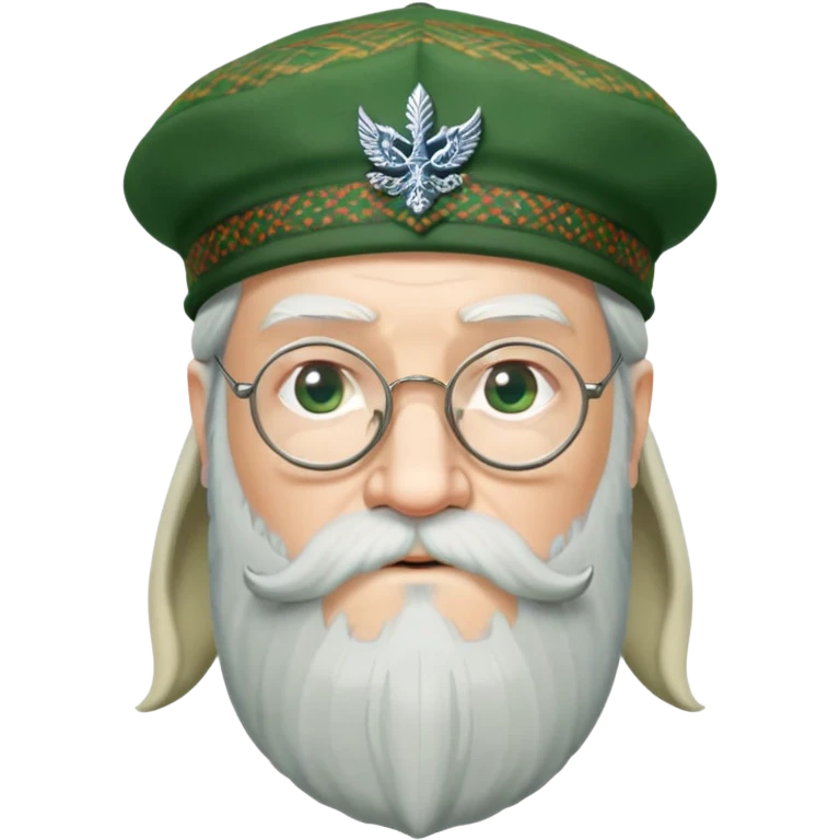 Dumbledore wear green scotland Tam o'shanter cap with decorative patterns, wear glasses, very long beard emoji