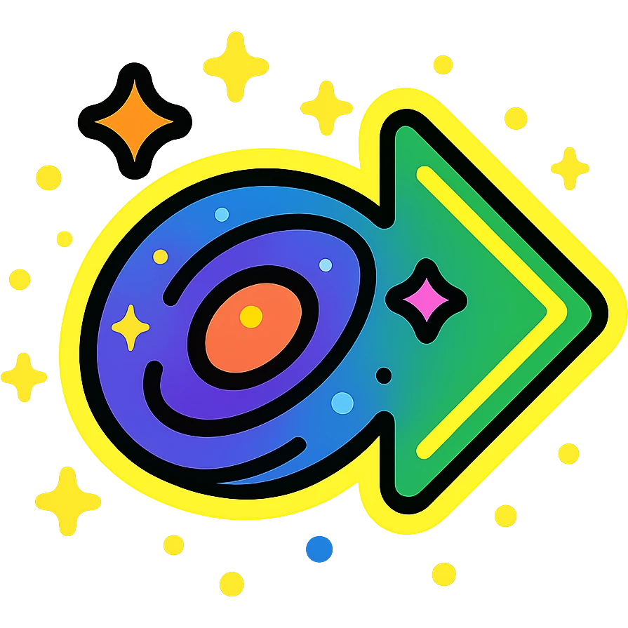 símbolo de siguiente con galaxia en movimiento y colores vibrantes, borde de neón amarillo o verde, efecto animado de galaxia y resplandor emoji
