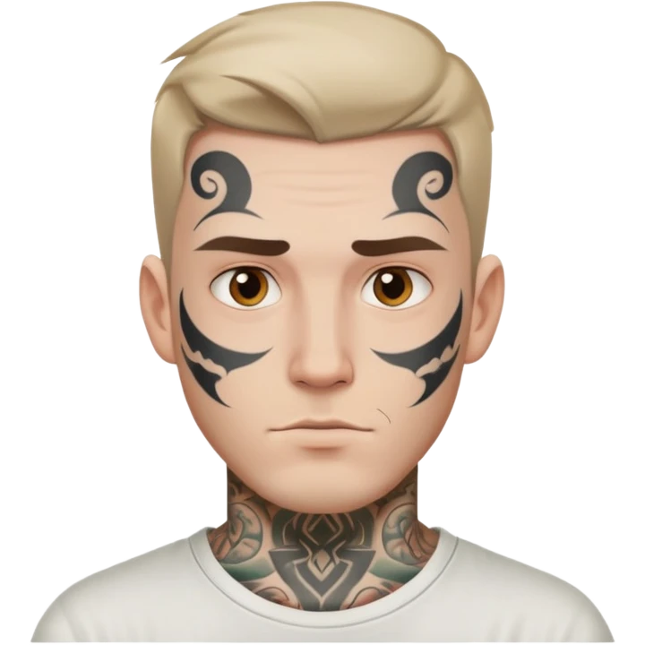 white man with face tattoo, neutral expression, wearing a white t-shirt emoji
