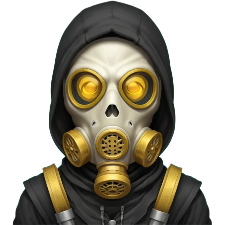 skeleton wearing a gas mask portrait, head and shoulders only, dark hood, glowing eyes inside mask, post-apocalyptic vibe, 3D cartoon, mobile game icon style, clean background, no text, no watermark
 emoji