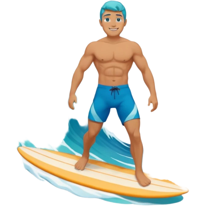 human male surfer riding a turquoise wave, muscular torso, shorts, big smile, bright sun, centered emoji, summer palette emoji