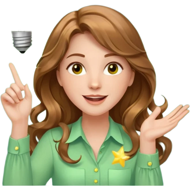 Joyful and imaginative woman with fair skin, long wavy light brown hair, hazel eyes, wearing a light green blouse with yellow accents, holding a glowing lightbulb and gesturing outward. Surrounded by stars, sparkles, speech bubbles, a paper plane, and a small heart. Waist-up, front-facing emoji