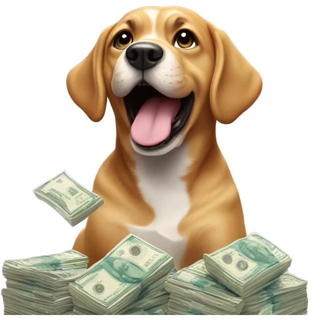 Create a dog surrounded by diamonds and throwing money emoji