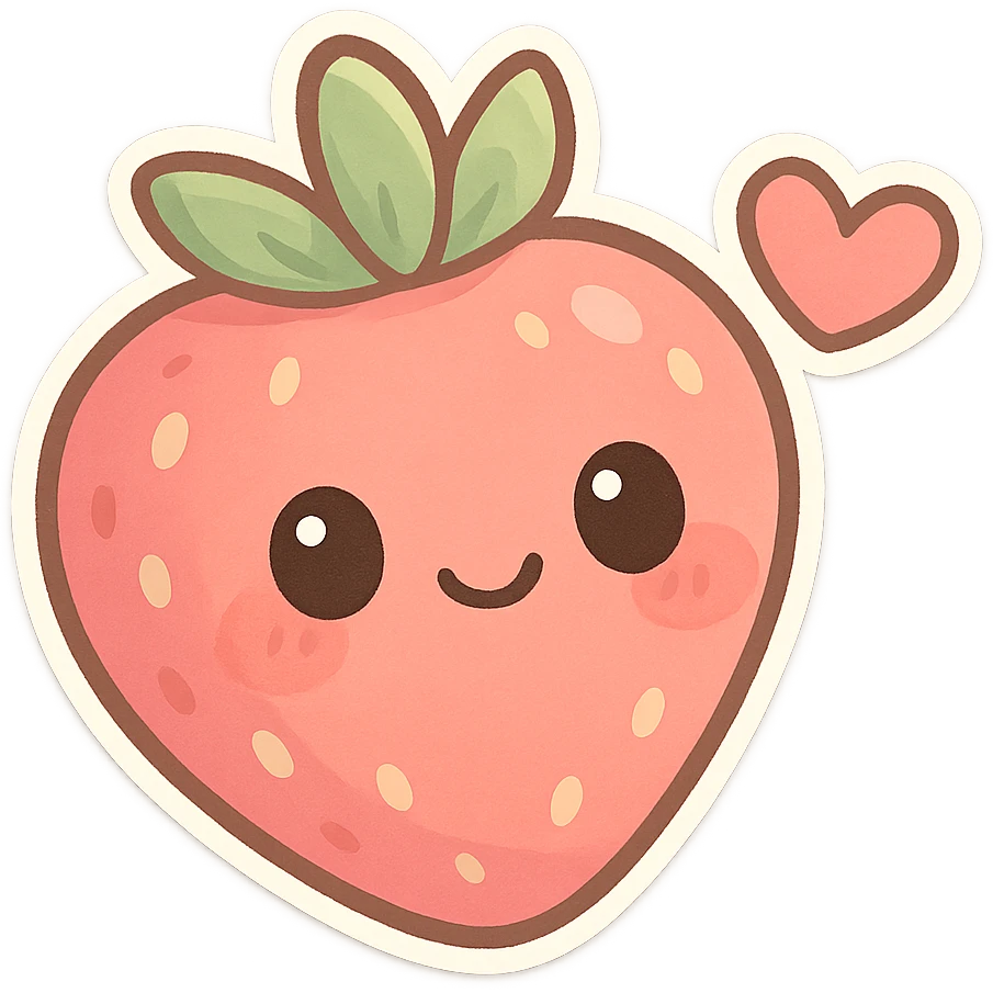 chibi sticker-style strawberry with a heart accent, cute and exaggerated emoji