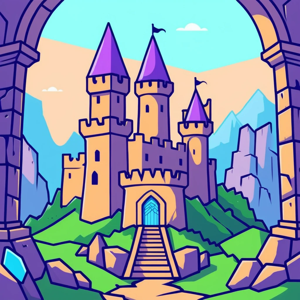 Dragon lair in an ancient castle ruins with magical crystals emoji