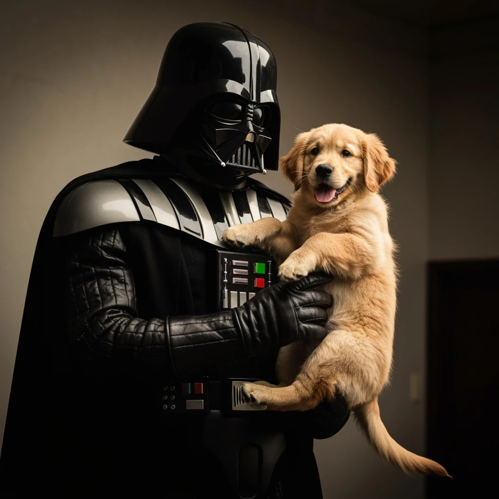Photo of a darth vader holding puppy golden retriver, low key light emoji