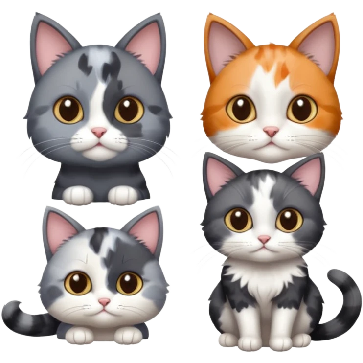 3 different coloured small cats including a dark grey and white, and a patchy calico and a completely solid dark grey with only white paws emoji