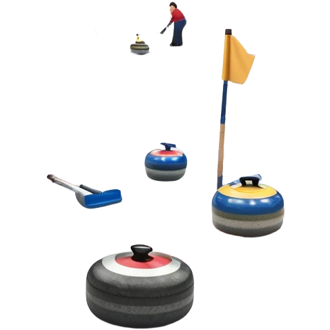 An icon showing a curling match on an indoor ice stadium, with a polished curling stone gliding toward the target and players sweeping. Spectators watch from stands, and flags hang above the rink. Transparent background highlights strategy and focus in the sport of curling. emoji