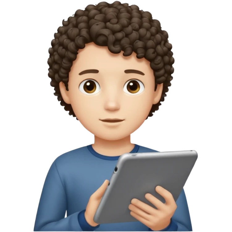boy with short curly hair with tablet emoji