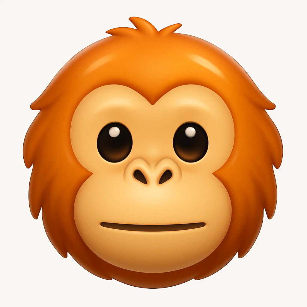 Make a more iOS emoji-like image that looks exactly like the reference: orangutan face, 3D, shiny, smooth gradients, soft shadows, and a friendly emoji look. Add a glossy effect to the fur. The style should mimic the iOS emoji style with smooth shading and a friendly expression. emoji
