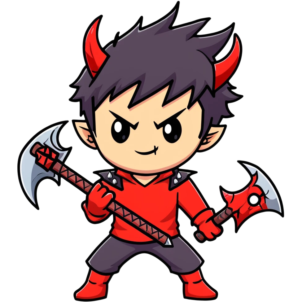 Anime devil boy with spiky black hair, red horns, and a battle axe emoji