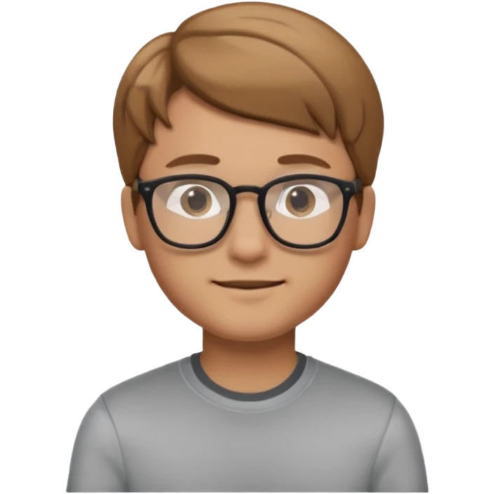 iOS-style emoji of a young man with light brown hair, glasses, casual outfit, friendly expression, memoji style emoji