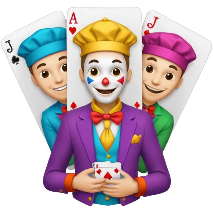 3 poker cards, with crazy colorful human jolly jokers inside, face and torso only emoji
