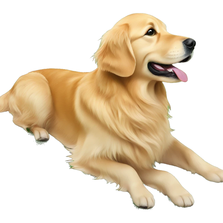 Golden retriever on back in grass looking backwards emoji