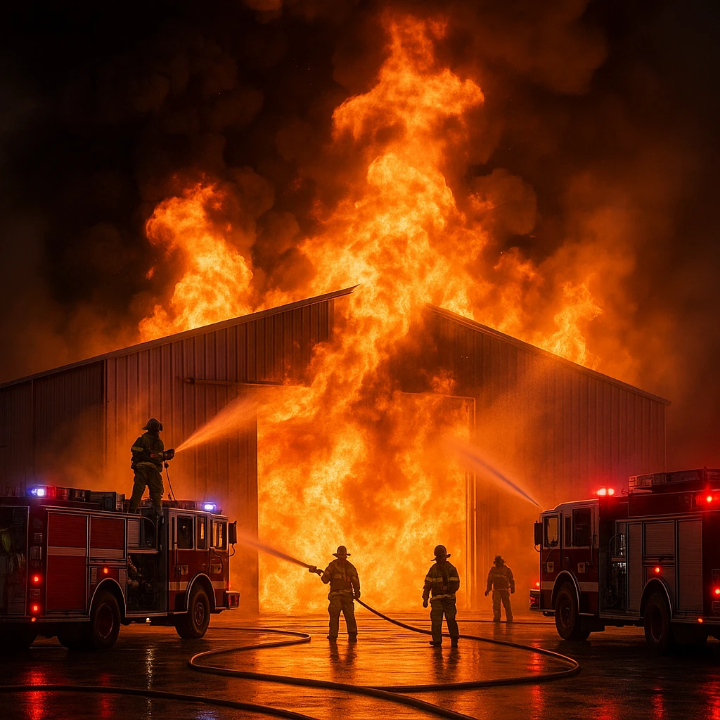 warehouse fire with intense flames and emergency response emoji