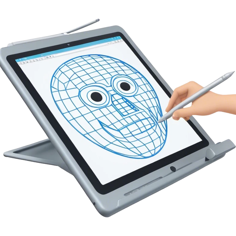 Create an emoji for 3D visualization and modeling. Show wireframe model that pops out from the screen of a large graphic tablet with a stylus drawing in a 3D modeling program. Use modern, professional colors. Do not include any emojis or smiley faces. Make the background transparent. emoji