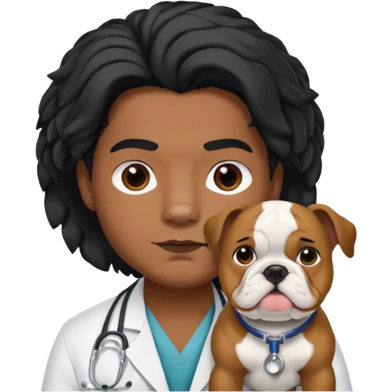 joven médico con el pelo un poco largo pero no tanto y lacio, que tenga un estetoscopio de color de piel tez negra calida !!! que sostiene un bulldog francés blanco emoji