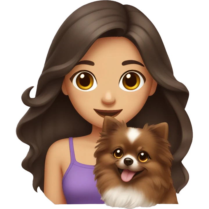 Girl with long wavy dark brown hair and medium brown eyes holds her pet pomeranian emoji