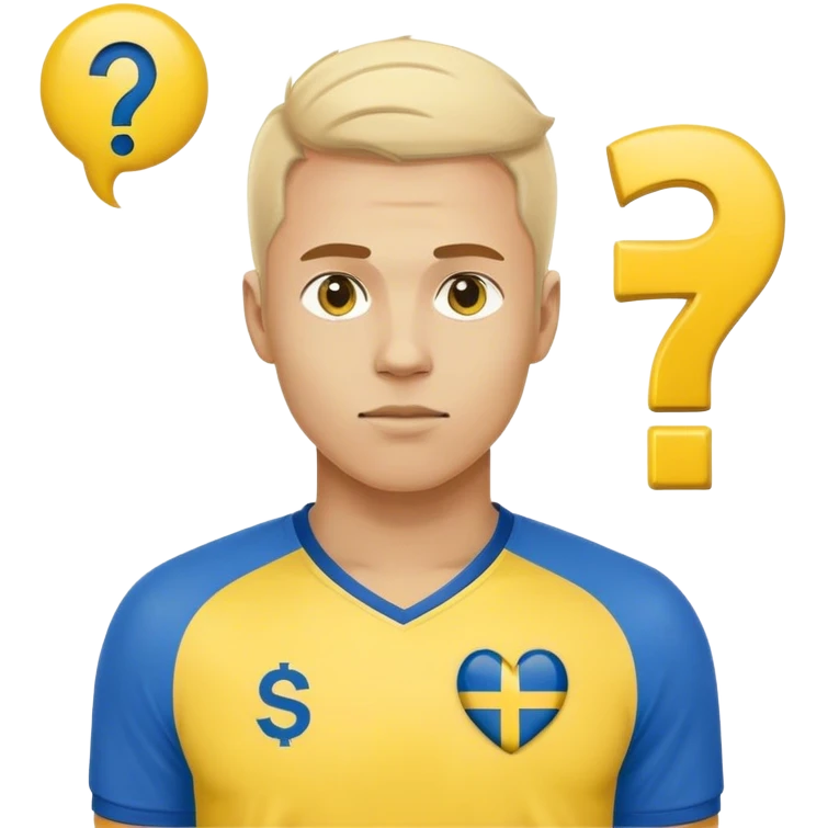 Swedish male soccer player with question mark on the right corner with yellow and blue clothes and with the Swedish flag on the chest and with a question mar outside the emoji emoji