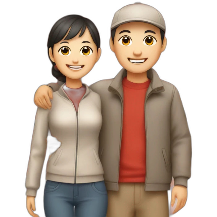 Happy skinny Chinese parents with caps. Standing in a park in front of an red autumn tree emoji
