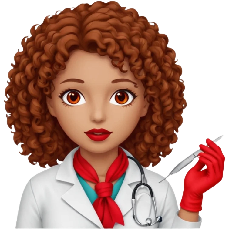 Lilith scalpel in hand, evil surgeon sexy surgeon clothes.  She has red eyes.  Hair is long. Hair is brown and curly hair. Wears sexy doctor outfit with red gloves. Sexy surgeon working for Cartel uses scarf to Covers mouth and neck mask  red emoji