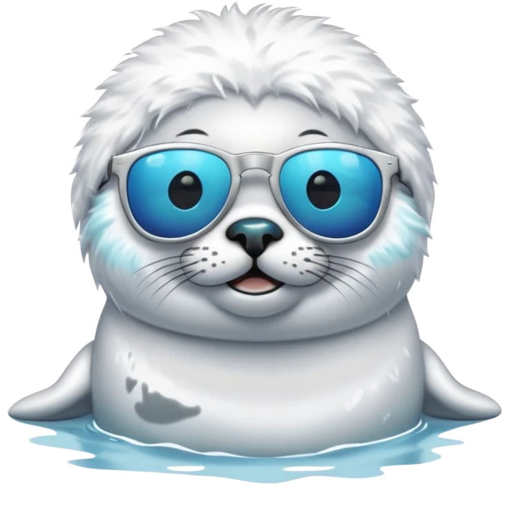 A fluffy, all white, tiny Seal having fun in lake while wearing sunglasses emoji
