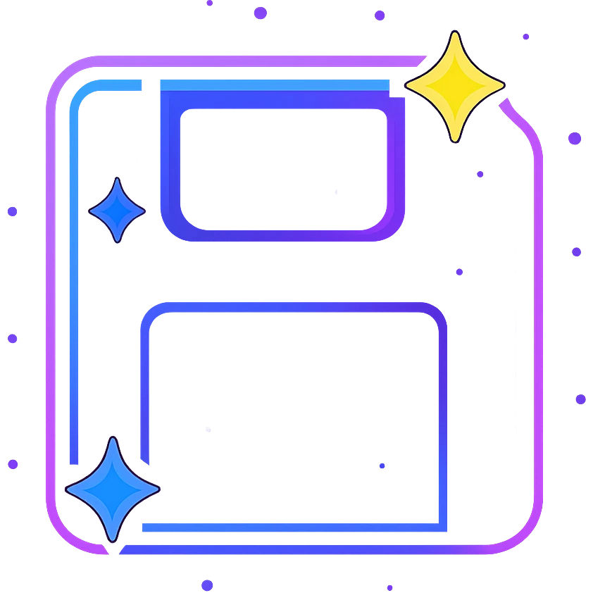 animated save icon with dark purple, blue, and black base, bright accents, complex gradients, stars, bright neon border, modern recognizable abstract save symbol, subtle glowing and moving stars neon effects, sophisticated futuristic style emoji