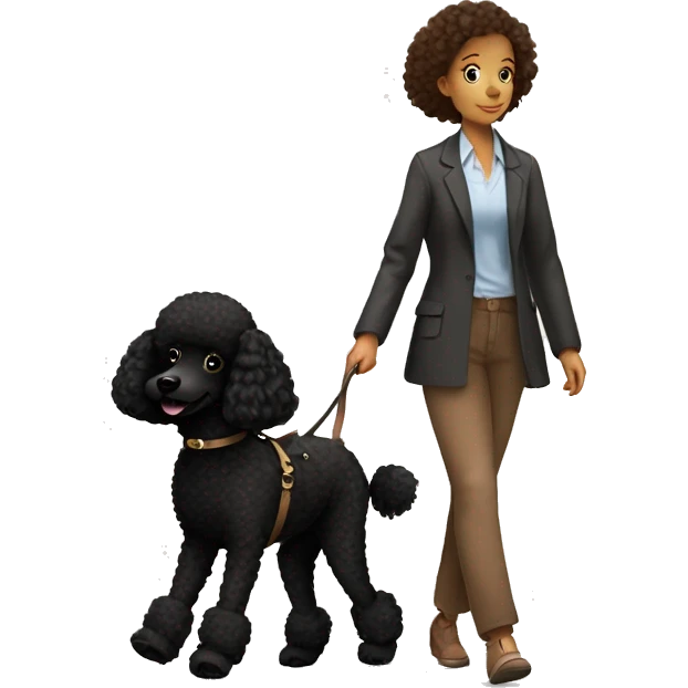 3 legs One Small unshaved Black Poodle with brown harness is walking with a pretty girl emoji