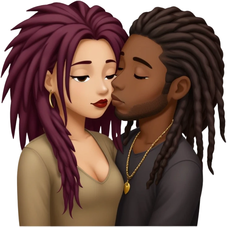 Dark Wine colored hair Latina long hair, kissing young black guy with dreads emoji