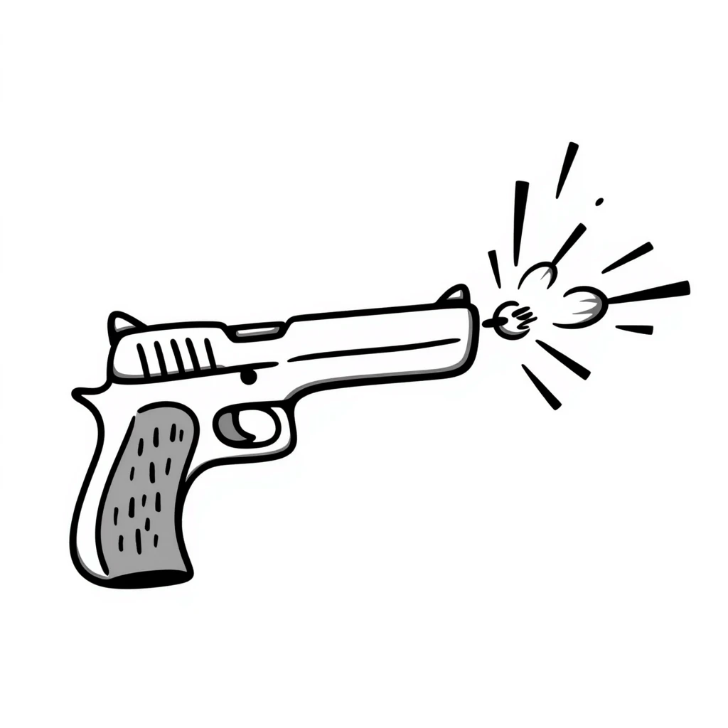 Hand-drawn gun firing with action lines and smoke emoji