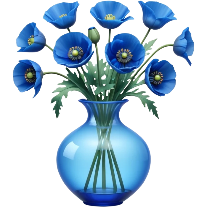 Still life realistic 3D rendering, bright blue and poppies, translucent vase emoji