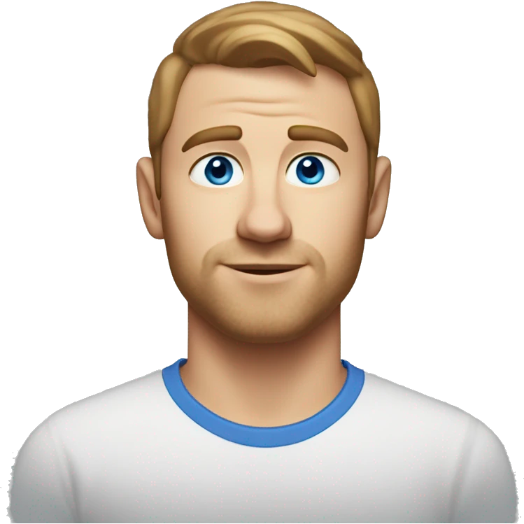 A head and shoulders shot of a 32 year old White man, with short brown hair,   with blue eyes wearing a t-shirt. emoji