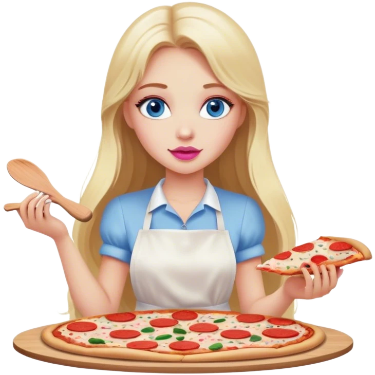 Cinematic realistic beautiful blonde with long hair, blue eyes and pink lips in a white dress cooks pizza emoji