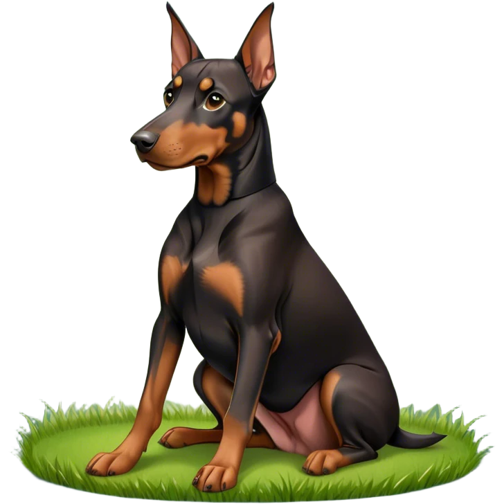 Close-up of a Doberman Pinscher sitting on lush green grass, looking alert and majestic. The background features a beautiful, serene nature view with rolling hills and bright blue skies. The dog’s sleek black and tan coat shines under the sun. Transparent background. emoji