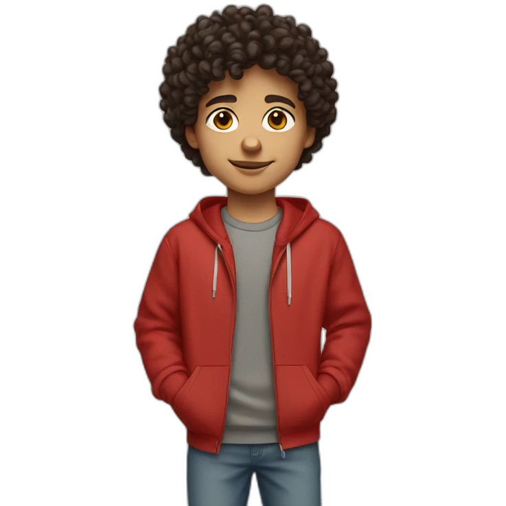 Boy, dark curly hair, brown eyes, red sweatshirt Nike emoji