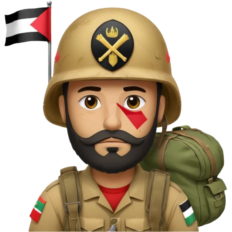 A tired and sad, swarthy Iraqi soldier with a beard, an Iraqi flag on his helmet, a sad expression and bags under his eyes emoji