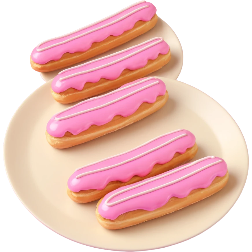 3D iOS-style illustration of three eclairs with pink glaze and cream on a plate, metallic effect, no background. emoji