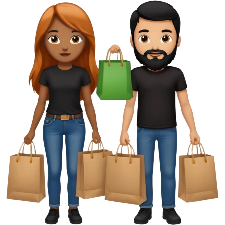 Chica con cabello cobrizo largo y chico con cabello y barba negra los dos vestidos de jeans y camiseta negra con bolsas de compras  emoji