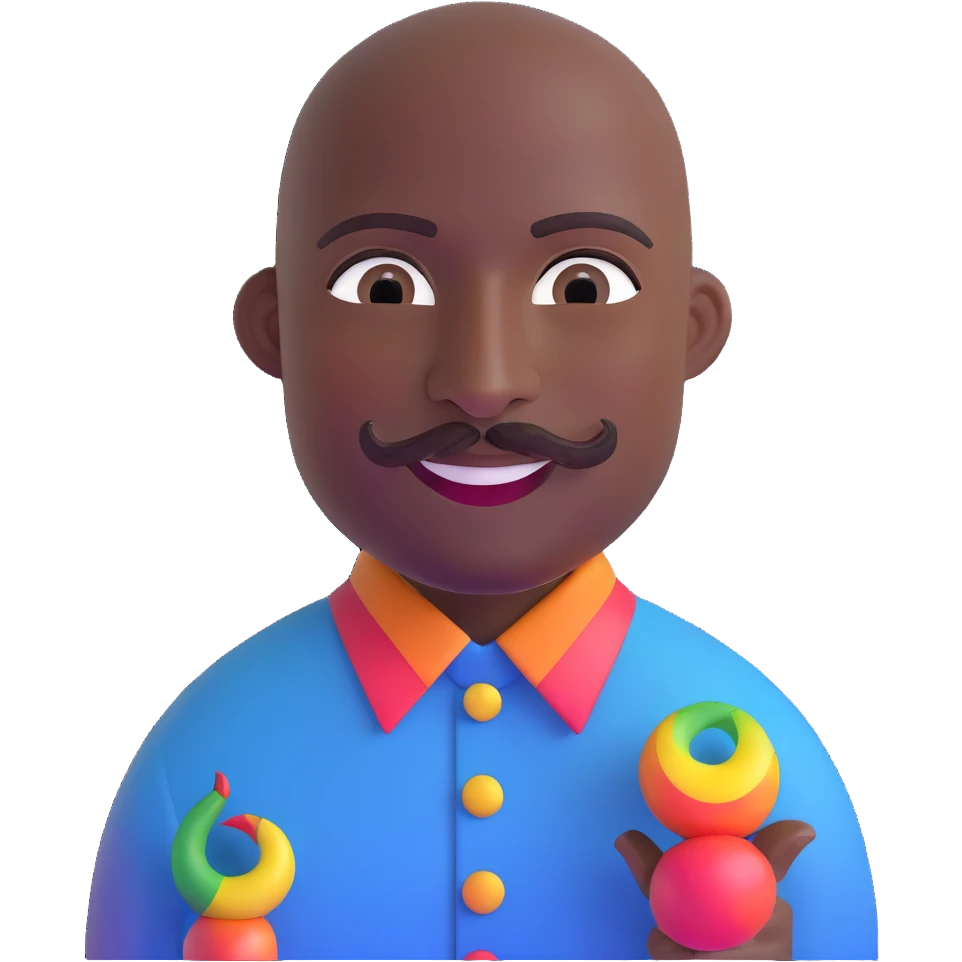 Oxumarê as a very happy and spontaneous smiling 37-year-old bald man with very dark skin, smooth oval head, indigenous facial features, mustache with circular beard only on chin (no hair on sides), a round mole on the right side below the lip, wearing a blue striped dress shirt, and a rainbow serpent, Memoji style emoji