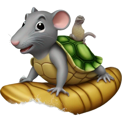 A rat riding a turtle while on a wave on the beach  emoji