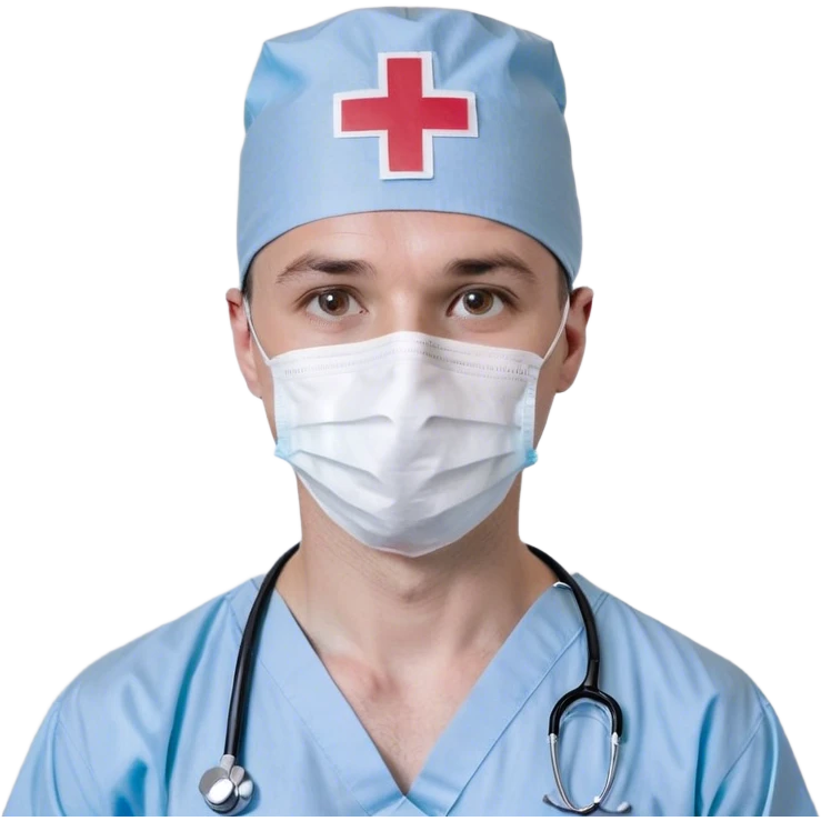 A simple and clean bust of a male surgeon wearing light blue surgical scrubs and a matching surgical cap. A minimalistic white mask covers his mouth and nose, leaving only his focused eyes visible. A small red cross emblem is subtly placed on his chest. A thin, smooth stethoscope drapes around his neck. His expression is calm and professional, reflecting precision and expertise. Behind him, a faint, abstract medical symbol (such as a heartbeat line or a surgical scalpel icon) subtly reinforces the surgical theme. The overall style is modern, sleek, and minimalistic, using smooth lines and soft shading. emoji