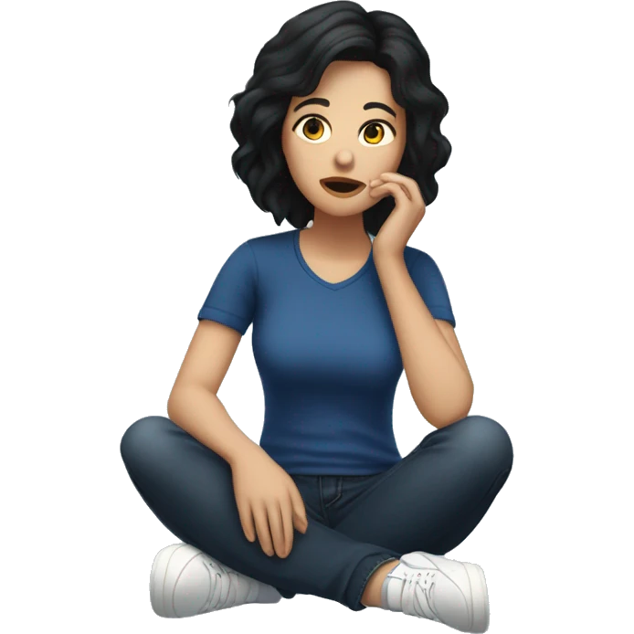 white woman with black hair, dark blue shirt and jeans, white sneakers, lying on the floor with her hands on her face emoji