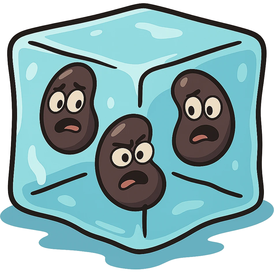 black beans frozen inside an ice cube, stylized, cartoon style, playful vibrant colors emoji