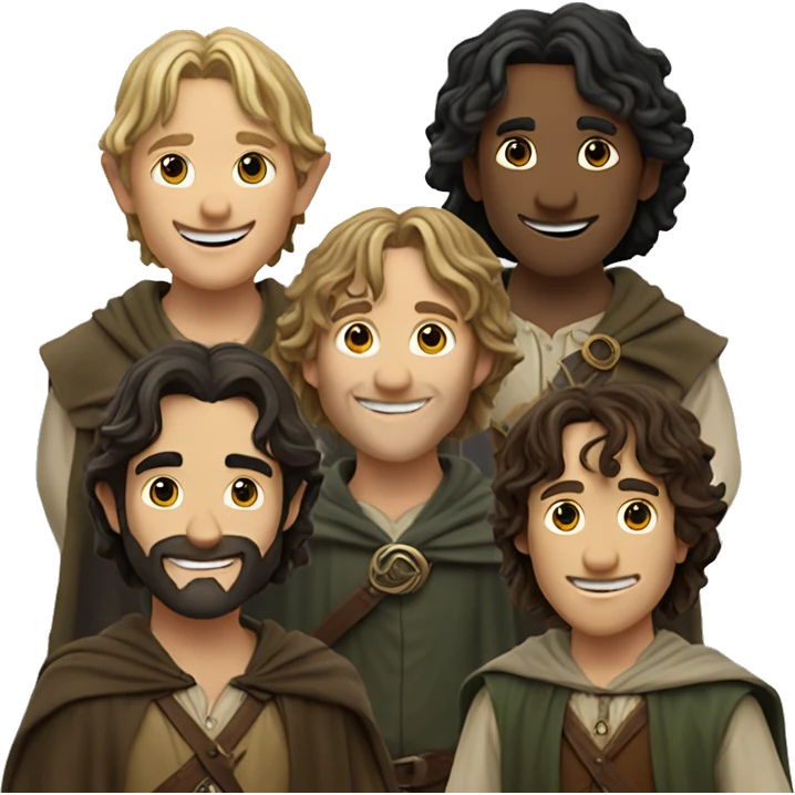 The main characters of "Lord Of The Rings" standing, smiling, facing the camera & waving goodbye. emoji