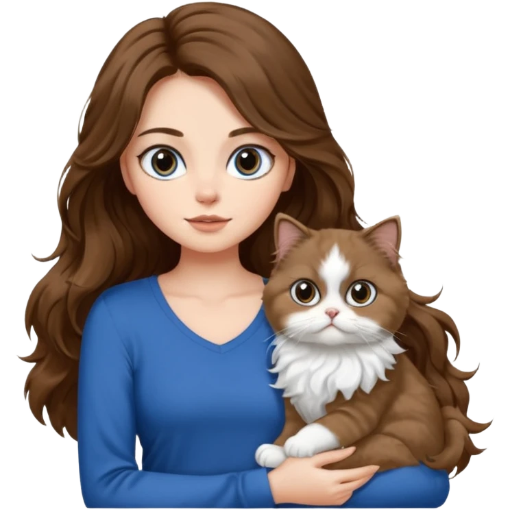 a girl with long wavy ish brown hair with a blue top and black pants holding a white persian cat  emoji