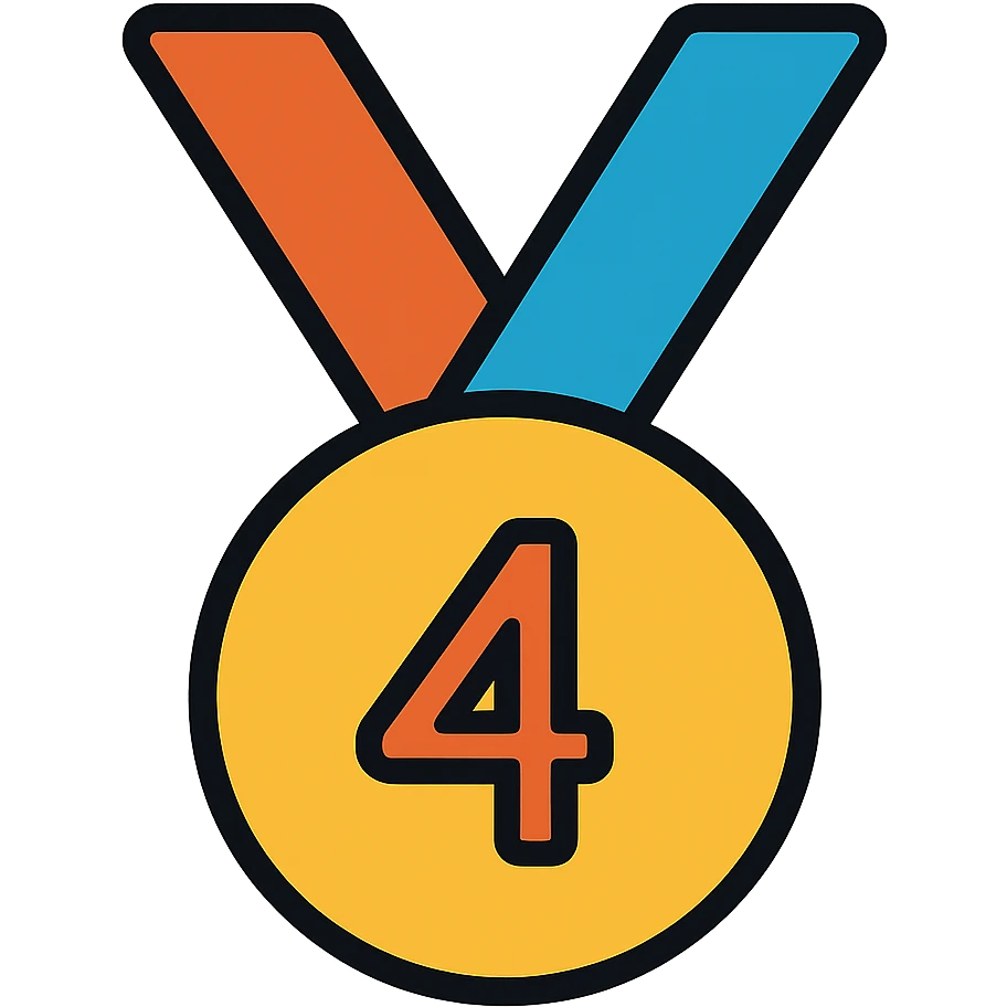 Add gold, bronze, and blue colors to the medal for 4th place with ribbon, keep the number 4 visible, icon style, no background. emoji