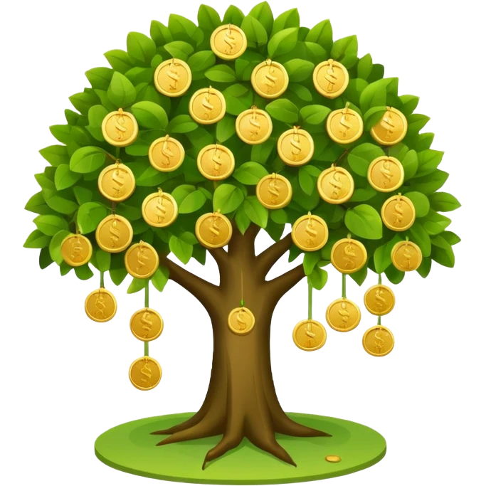 Apple-style money tree, round soft green canopy.
No pot, no ground — only the tree.
Small gold coins as fruits inside the leaves (not below).
Flat 2D vector, clean shapes, no gradients.
Dark near-black background, premium fintech icon. emoji