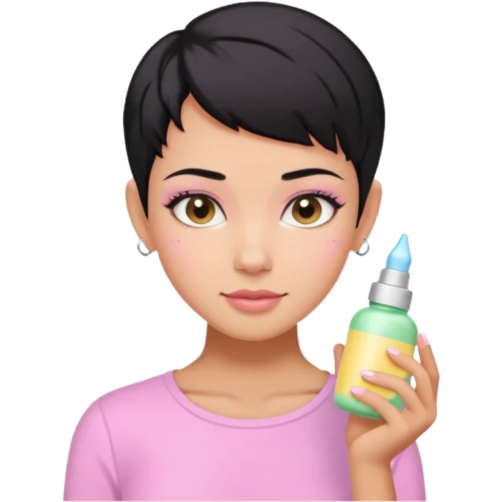 tan girl pink shirt with black hair & a pixie, cut no earrings, doing cute pastel colors skin care emoji