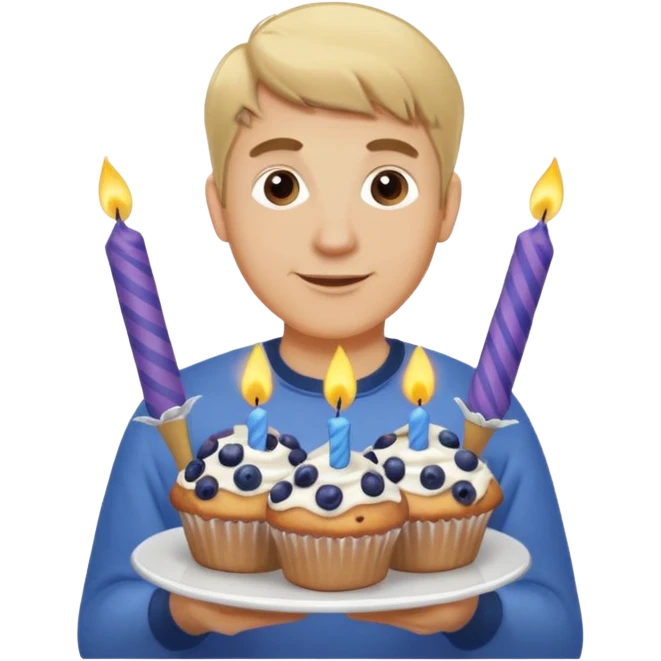 It is my friend virginias birthday. Create emoji with me saying happy birthday Virginia while holding blueberry muffins with birthday candles in them! I am a white man make the emoji with dirty blonde hair. Have a banner that says happy birthday  emoji